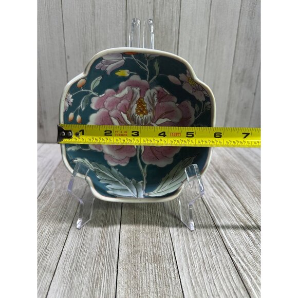 Vtg Chinoiserie Oriental Decorative Bowl Porcelain Painted Teal Floral Pattern - Picture 7 of 7